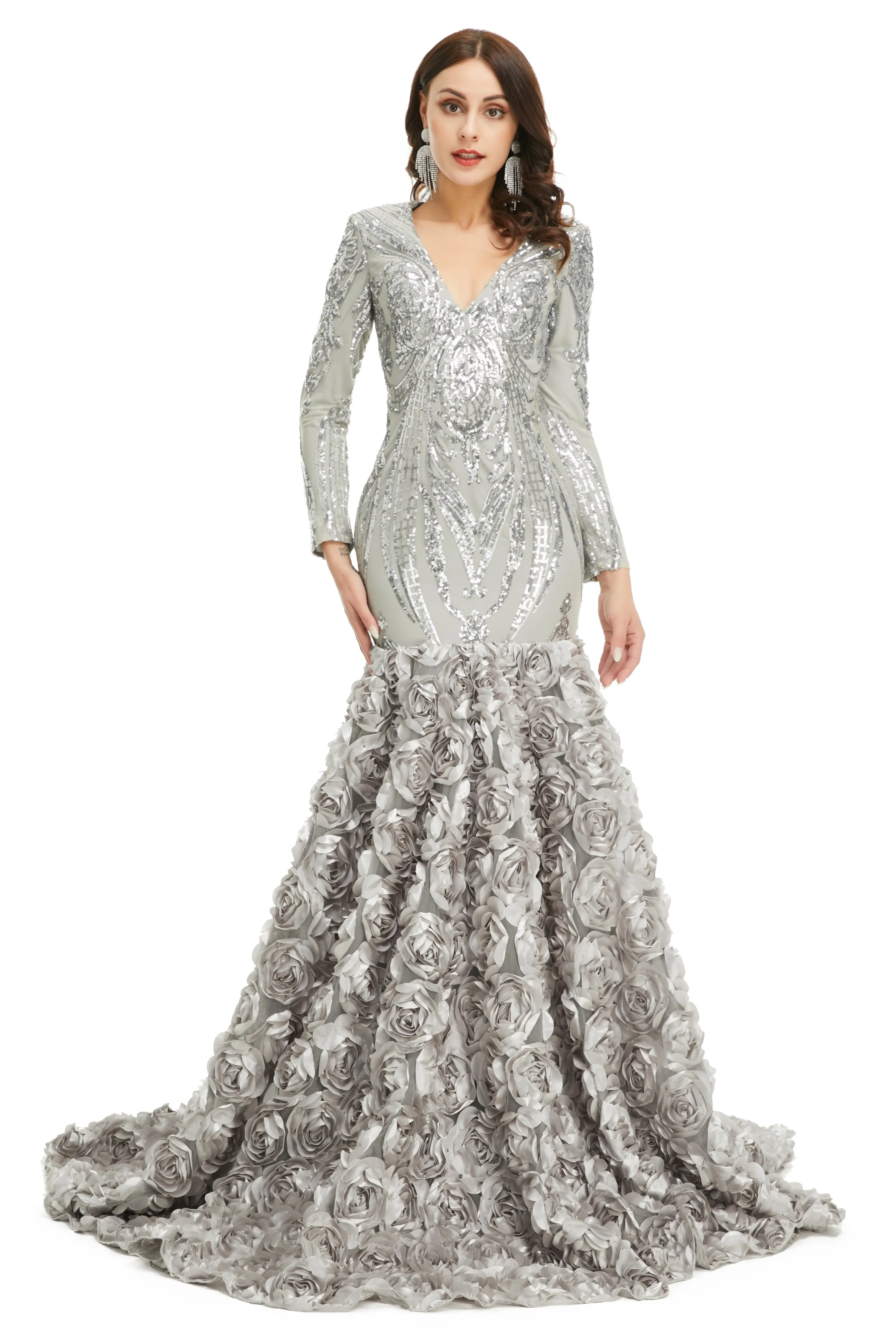 Prom Dresses Long V Neck Prom Gowns Full Sleeve Formal Dresses Floor Length Dresses 2023