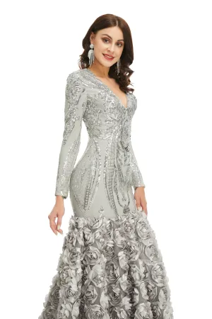 Prom Dresses Long V Neck Prom Gowns Full Sleeve Formal Dresses Floor Length Dresses 2023