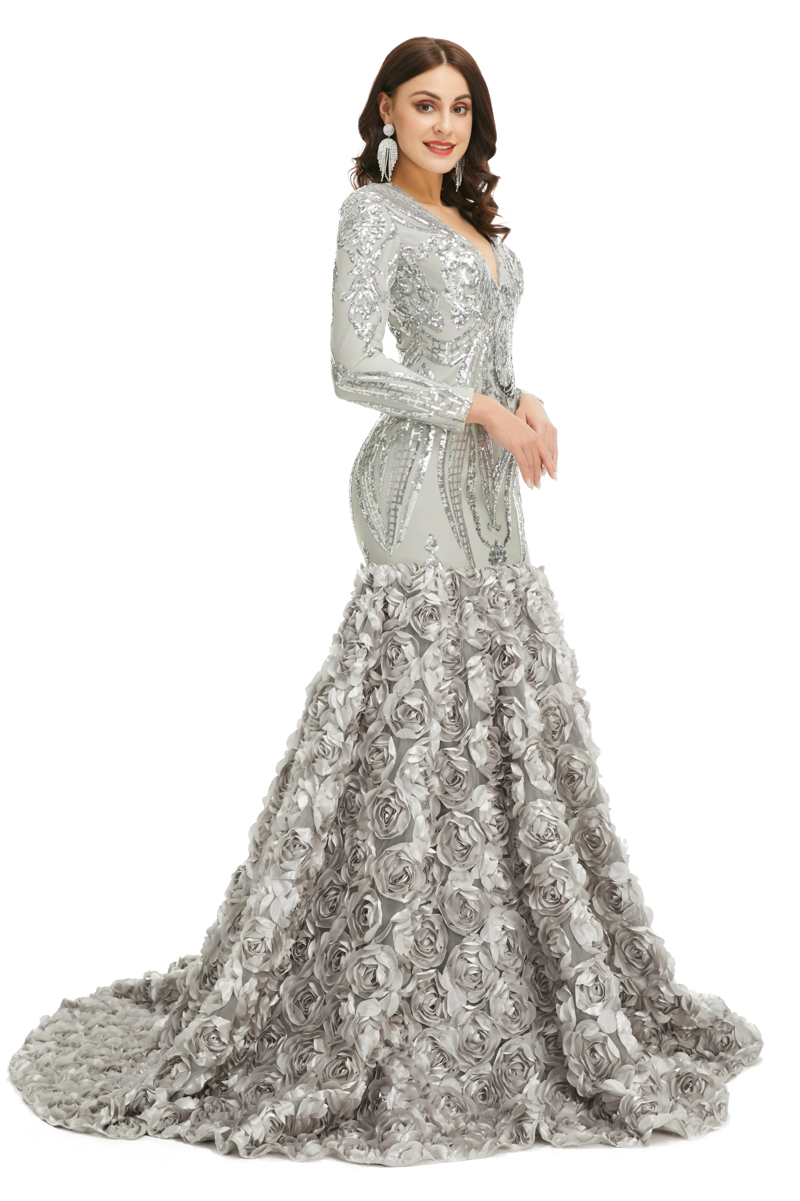 Prom Dresses Long V Neck Prom Gowns Full Sleeve Formal Dresses Floor Length Dresses 2023