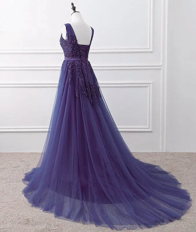 Purple Tulle Beaded Long Formal Party Dress Dark Purple Evening Dress