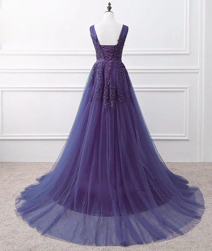 Purple Tulle Beaded Long Formal Party Dress Dark Purple Evening Dress