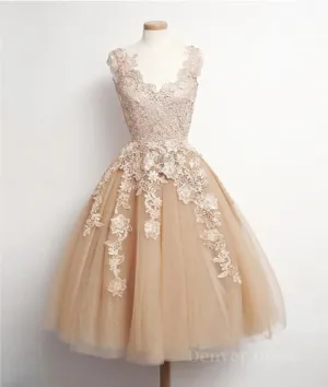 Retro Champagne V-neck Applique Short Prom Dress Lace Evening Dresses Party Dresses