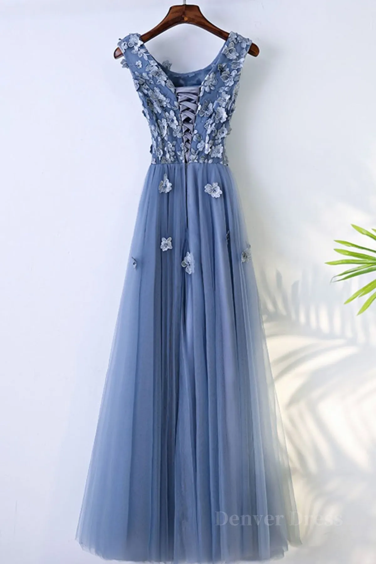Round Neck Blue Lace Floral Long Prom Dresses Blue Lace Long Formal Evening Dresses