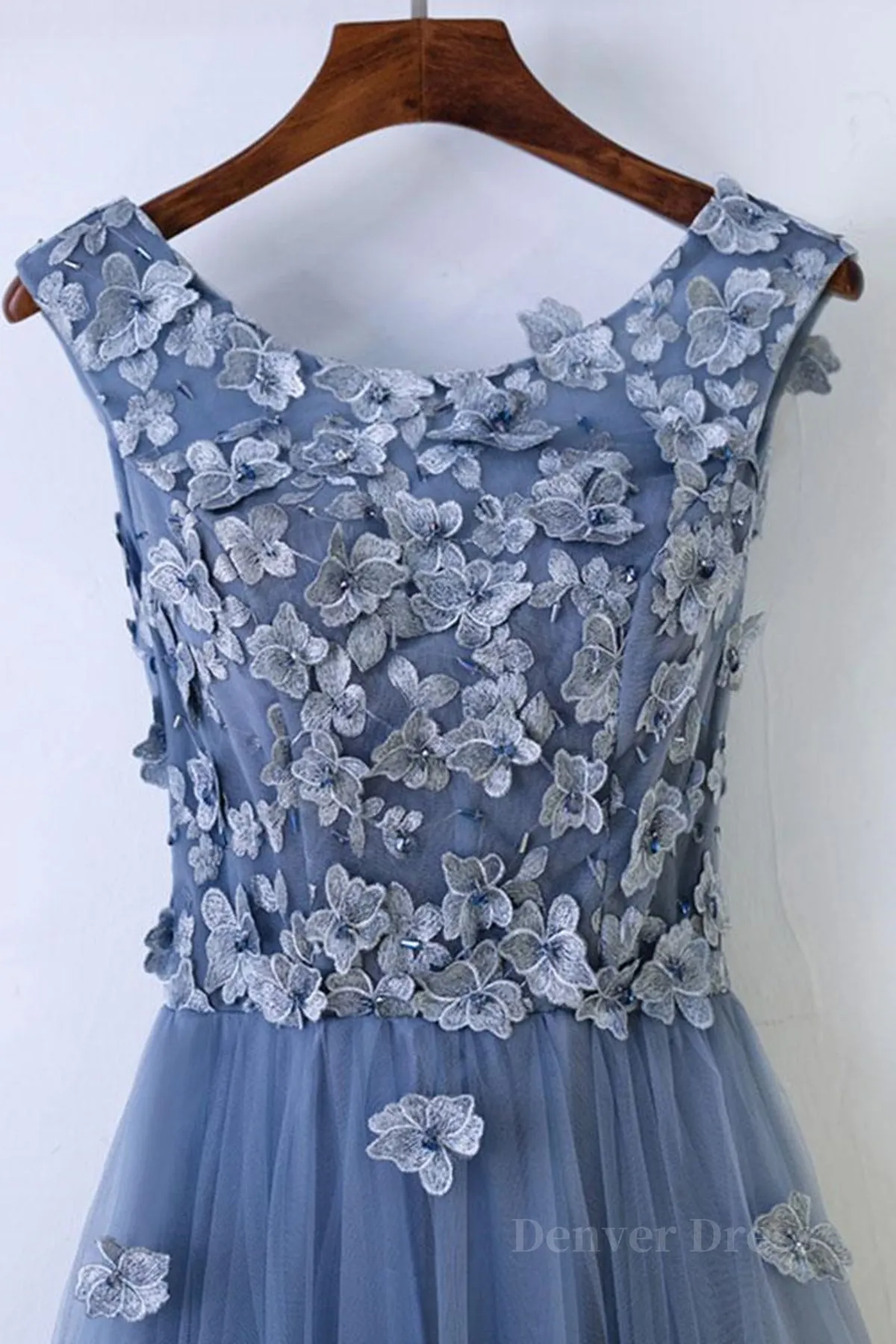 Round Neck Blue Lace Floral Long Prom Dresses Blue Lace Long Formal Evening Dresses