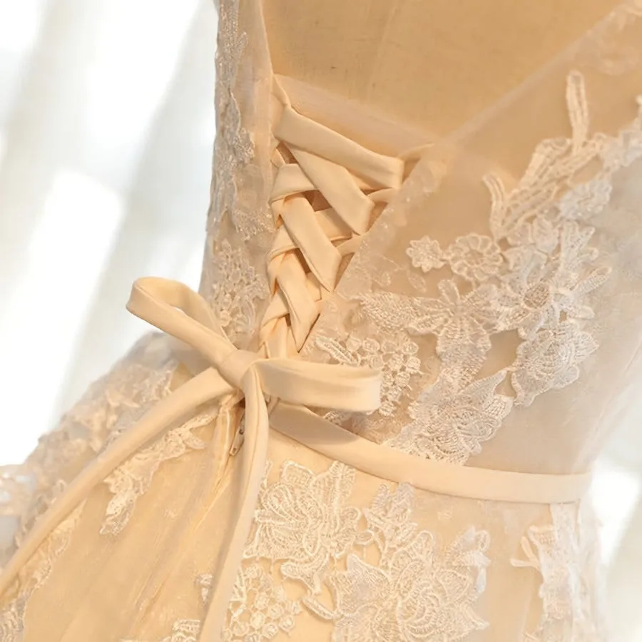 Round Neck Champagne Lace Prom Dresses, Champagne Lace Formal Evening Bridesmaid Dresses