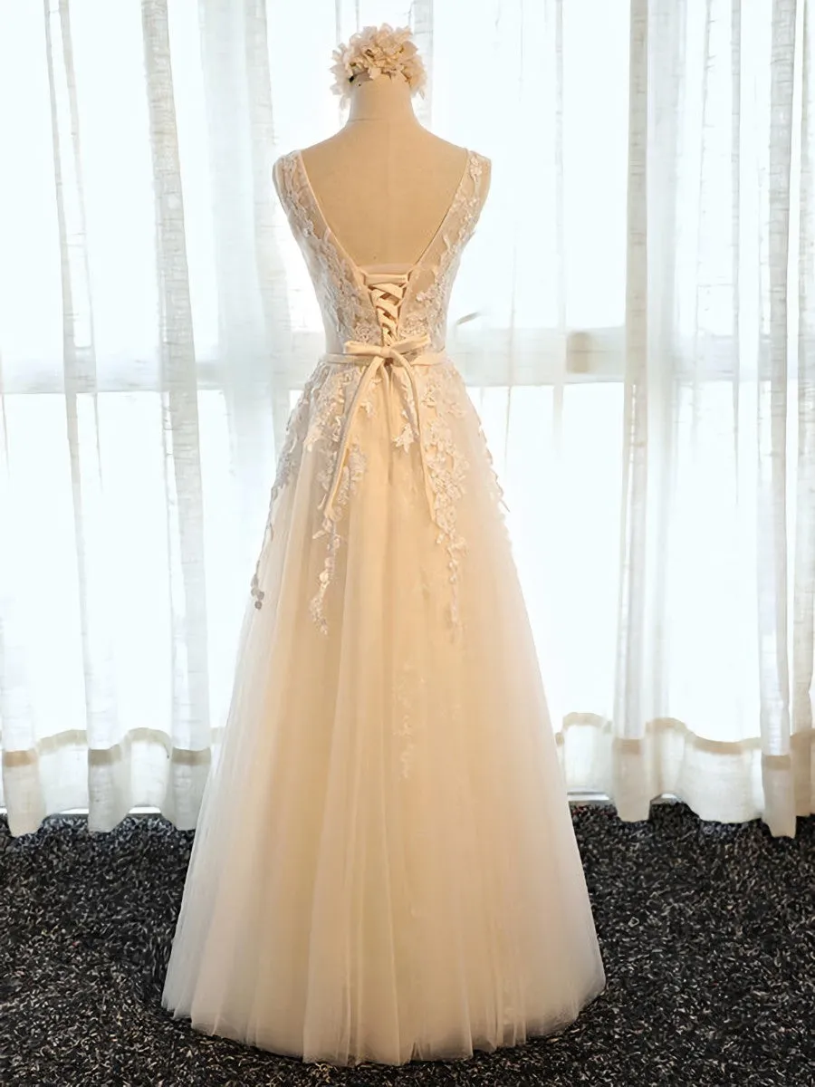 Round Neck Champagne Lace Prom Dresses, Champagne Lace Formal Evening Bridesmaid Dresses
