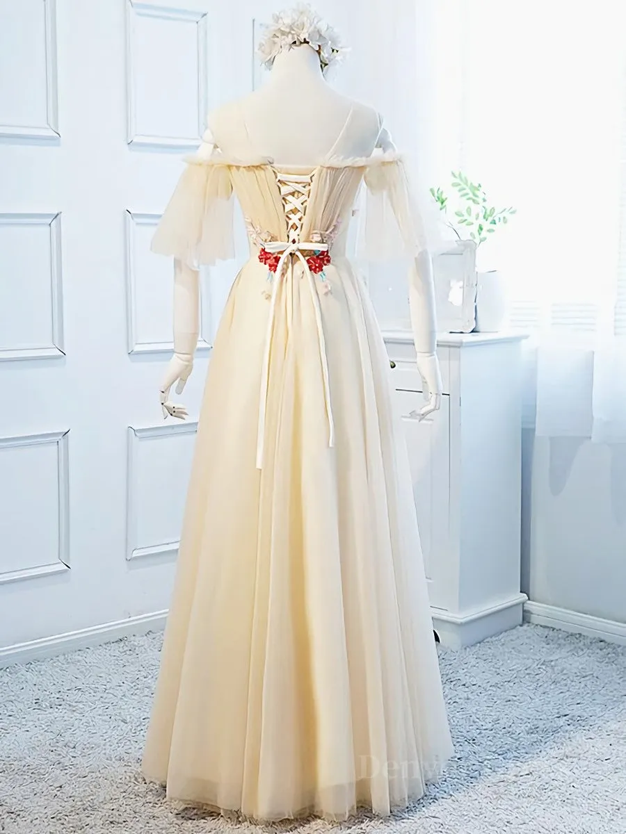Round Neck Floral Champagne Long Prom Dress with Corset Back Champagne Long Formal Bridesmaid Dresses