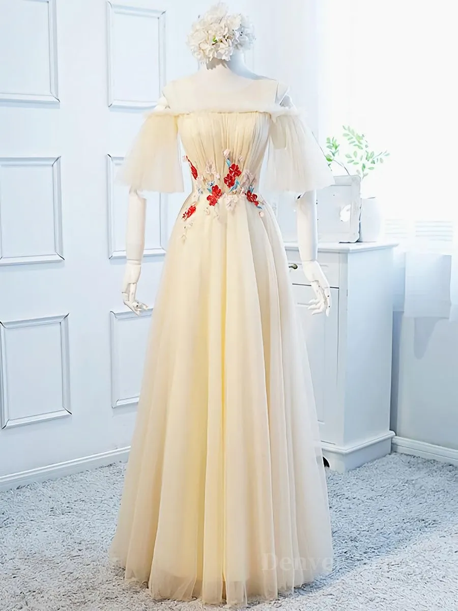 Round Neck Floral Champagne Long Prom Dress with Corset Back Champagne Long Formal Bridesmaid Dresses