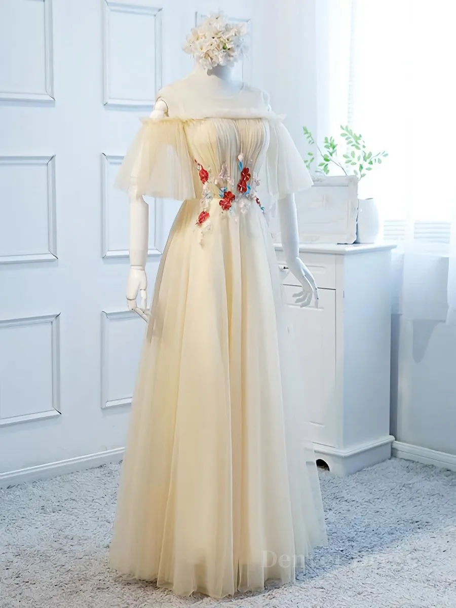 Round Neck Floral Champagne Long Prom Dress with Corset Back Champagne Long Formal Bridesmaid Dresses