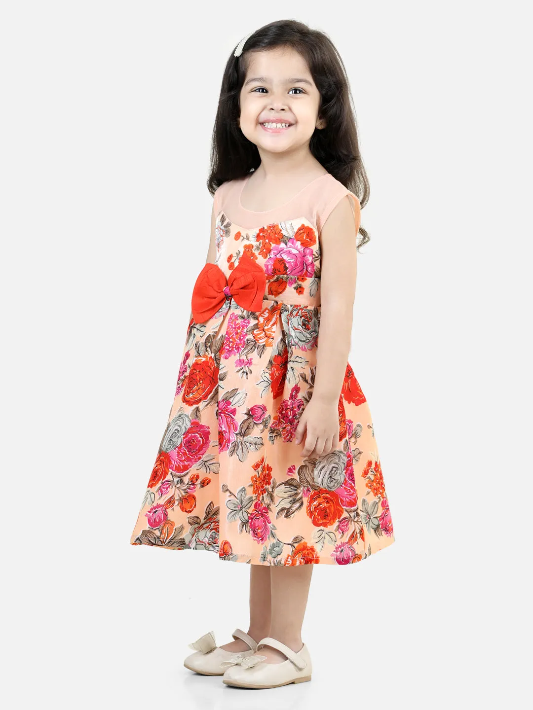 Round Neck Floral Print Party Frock and Dresses Orange