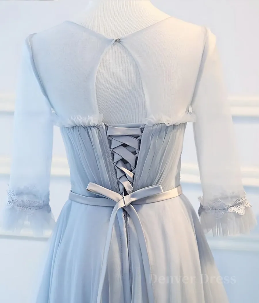Round Neck Long Sleeves Blue Prom Dresses Long Sleeves Blue Formal Bridesmaid Evening Dresses