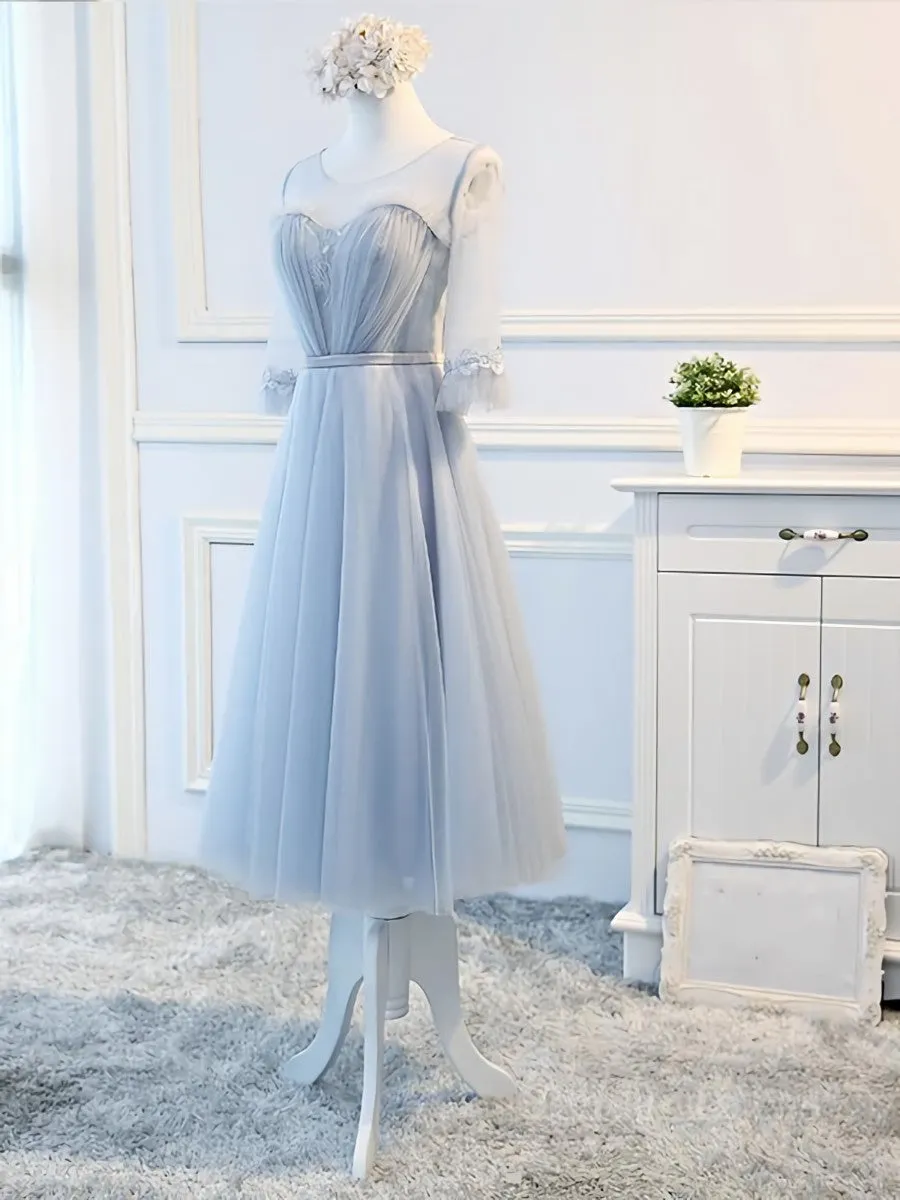 Round Neck Long Sleeves Blue Prom Dresses Long Sleeves Blue Formal Bridesmaid Evening Dresses