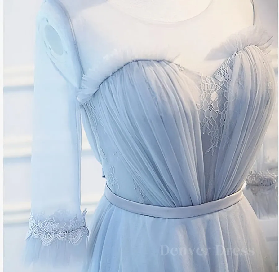 Round Neck Long Sleeves Blue Prom Dresses Long Sleeves Blue Formal Bridesmaid Evening Dresses