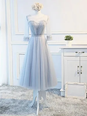 Round Neck Long Sleeves Blue Prom Dresses Long Sleeves Blue Formal Bridesmaid Evening Dresses