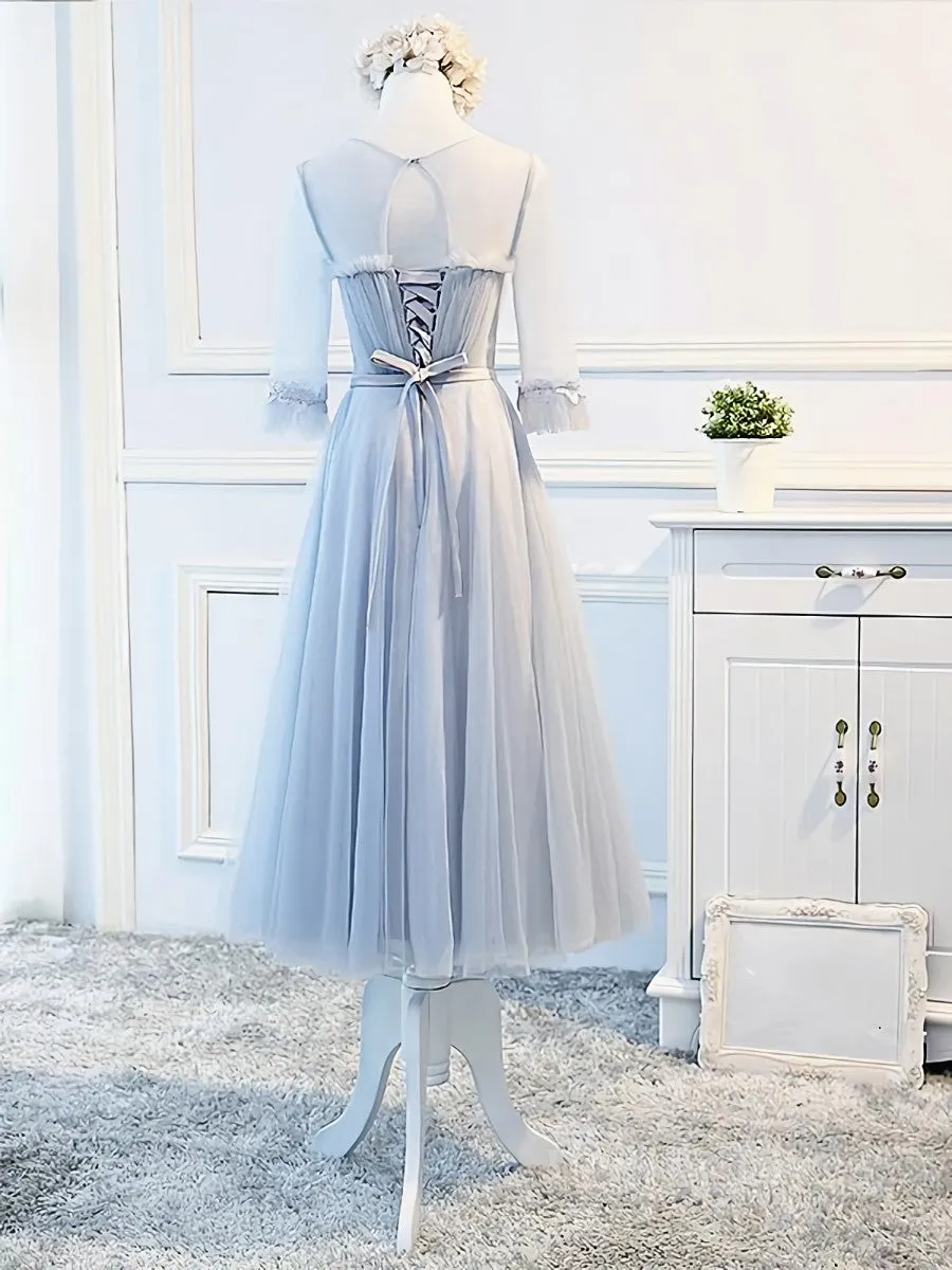 Round Neck Long Sleeves Blue Prom Dresses Long Sleeves Blue Formal Bridesmaid Evening Dresses