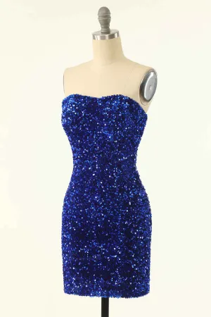 Royal Blue Sequin Strapless Mini Homecoming Dress