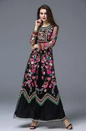 Runway Designer, Long Gauze Floral Embroidery Dress (US 4-16)