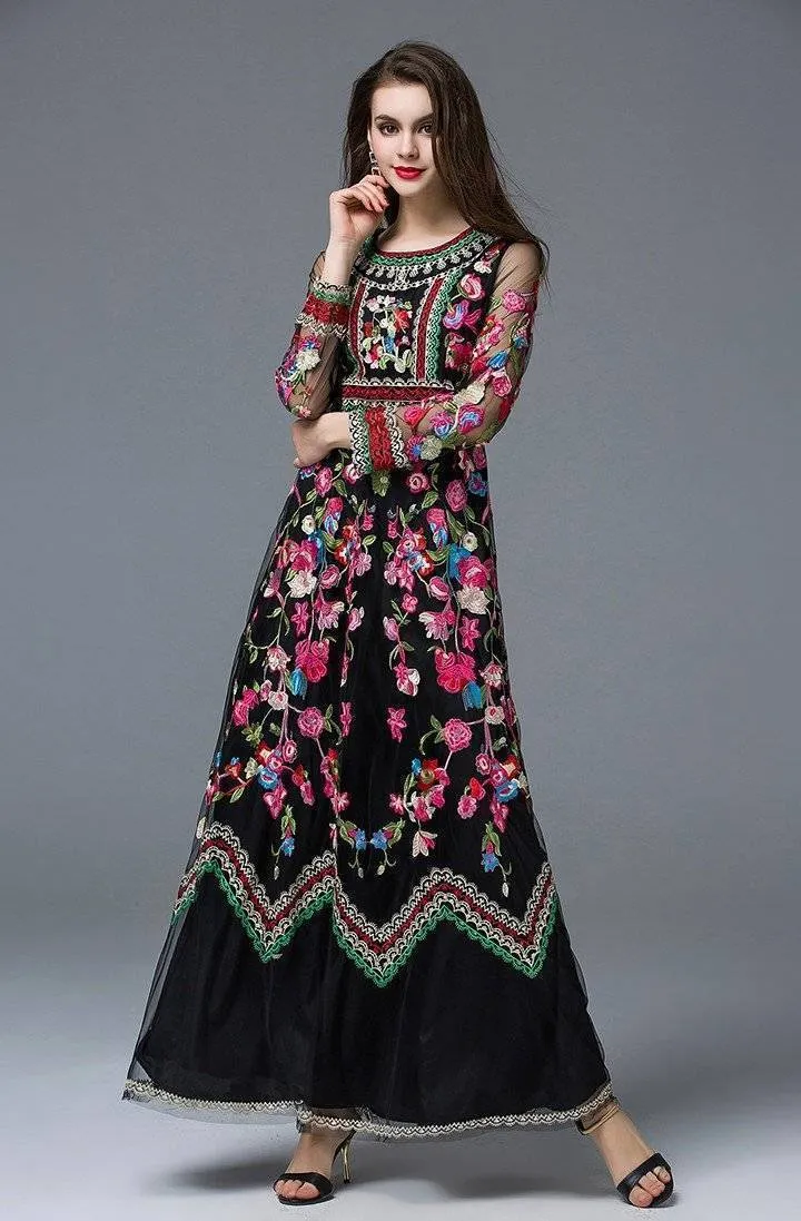 Runway Designer, Long Gauze Floral Embroidery Dress (US 4-16)