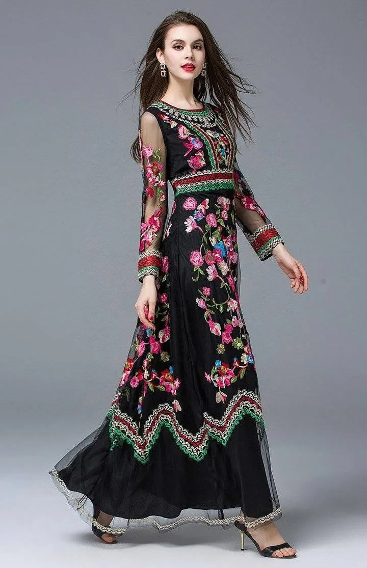 Runway Designer, Long Gauze Floral Embroidery Dress (US 4-16)