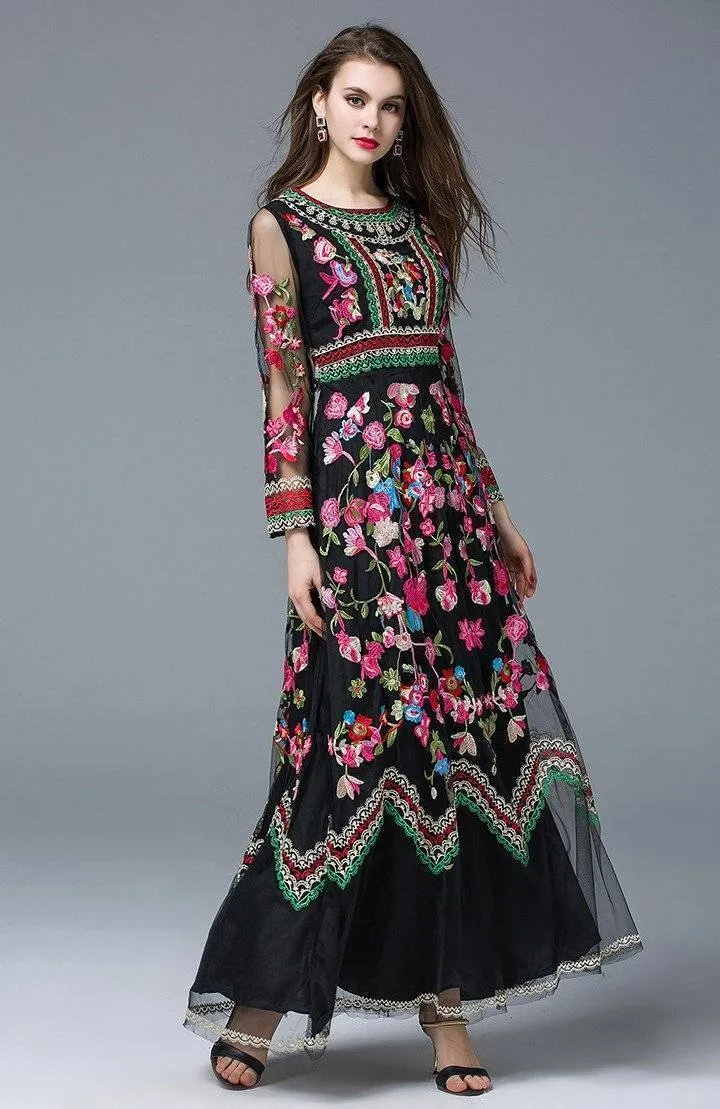 Runway Designer, Long Gauze Floral Embroidery Dress (US 4-16)