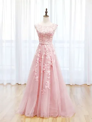 Scoop Neckline Tulle Pink Long Prom Dress, Pink Backless Evening Dresses