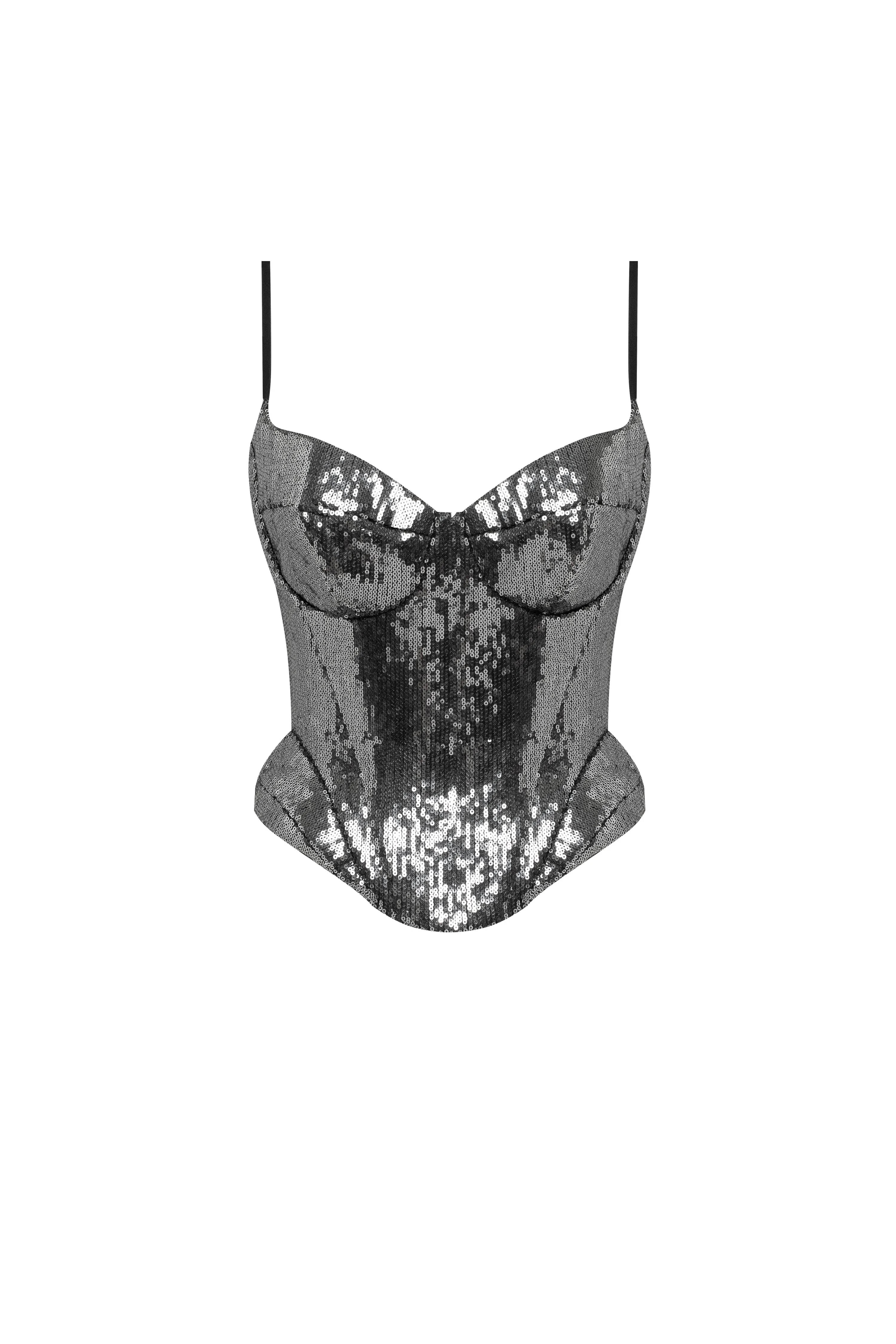 Sensational spaghetti straps sequined gray corset  