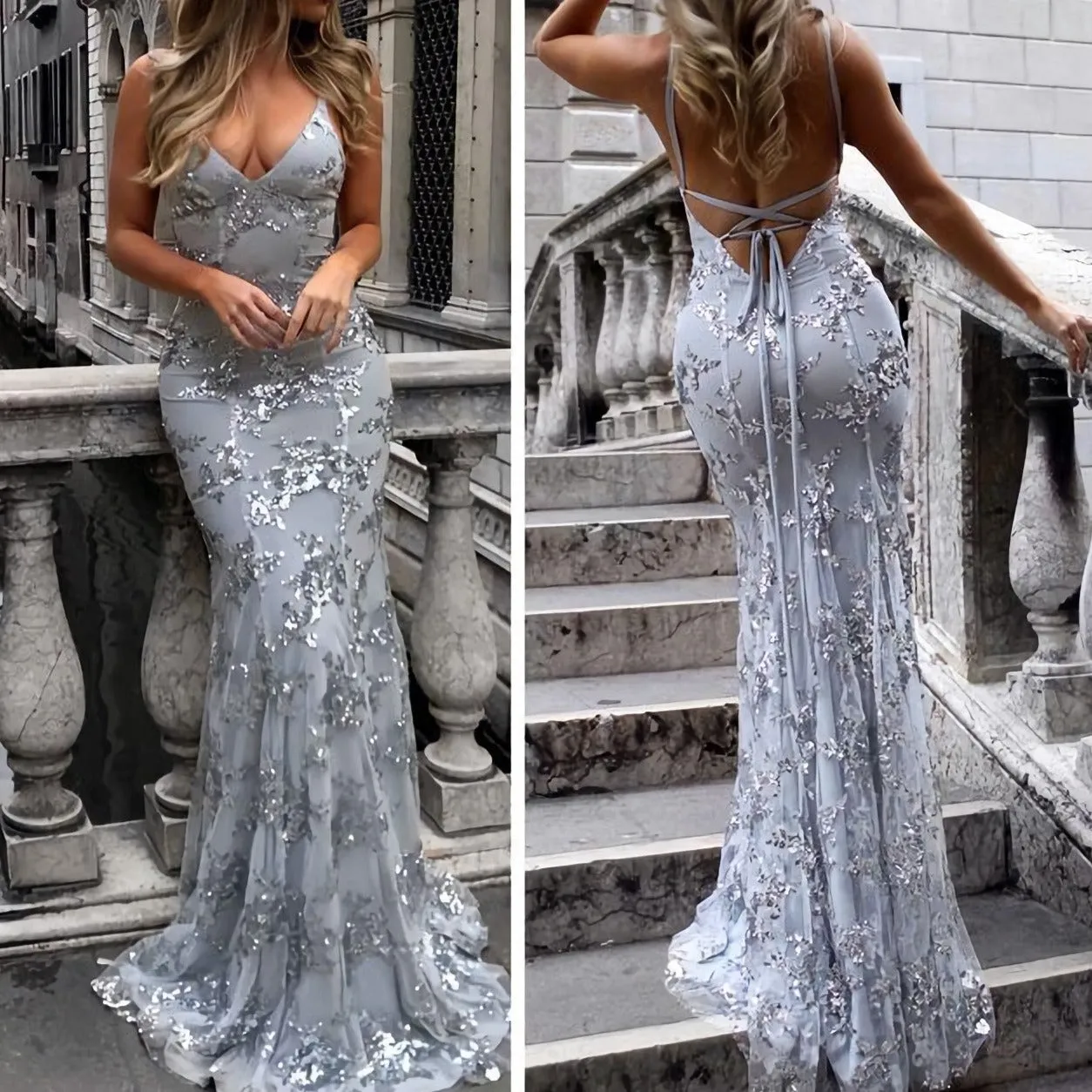 Sexy V Neck Mermaid Sequined Backless Long Prom Dresses