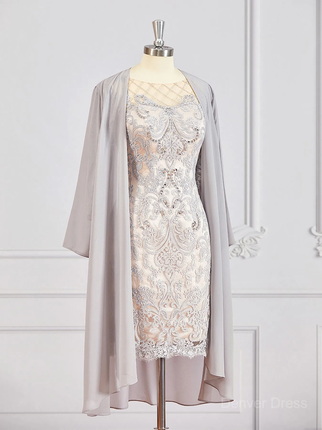 Sheath Bateau Short Chiffon Mother of the Bride Dresses With Appliques Lace