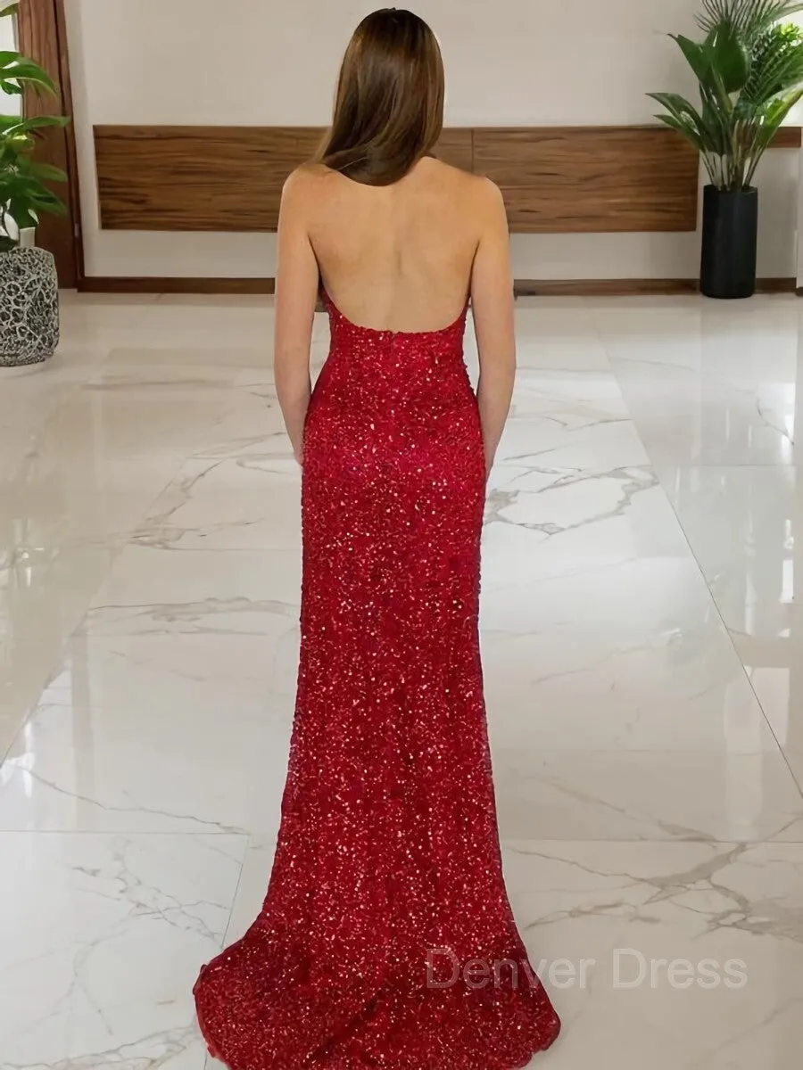 Sheath Halter Sweep Train Sequins Evening Dresses With Leg Slit