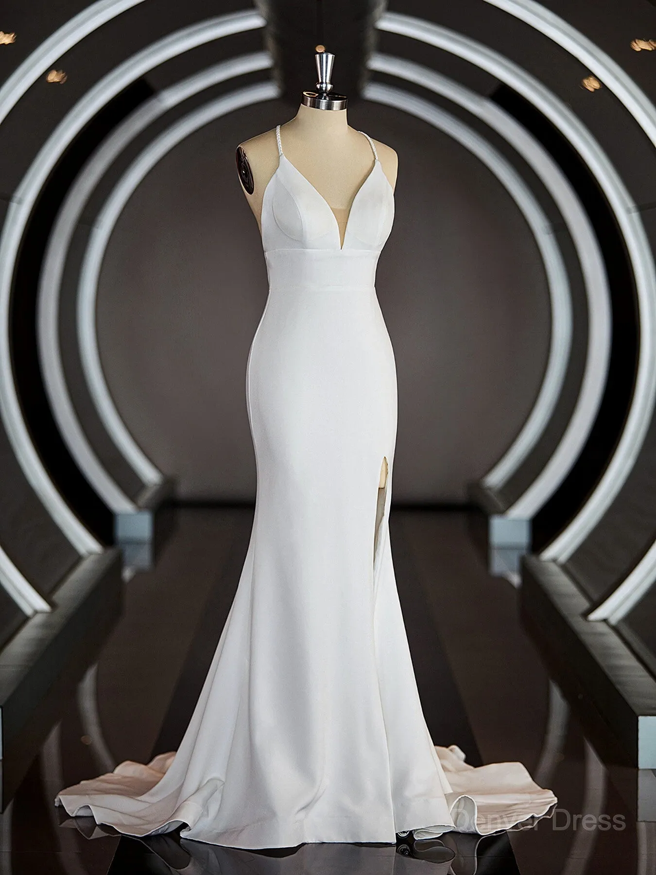 Sheath Halter Sweep Train Stretch Crepe Wedding Dresses with Leg Slit