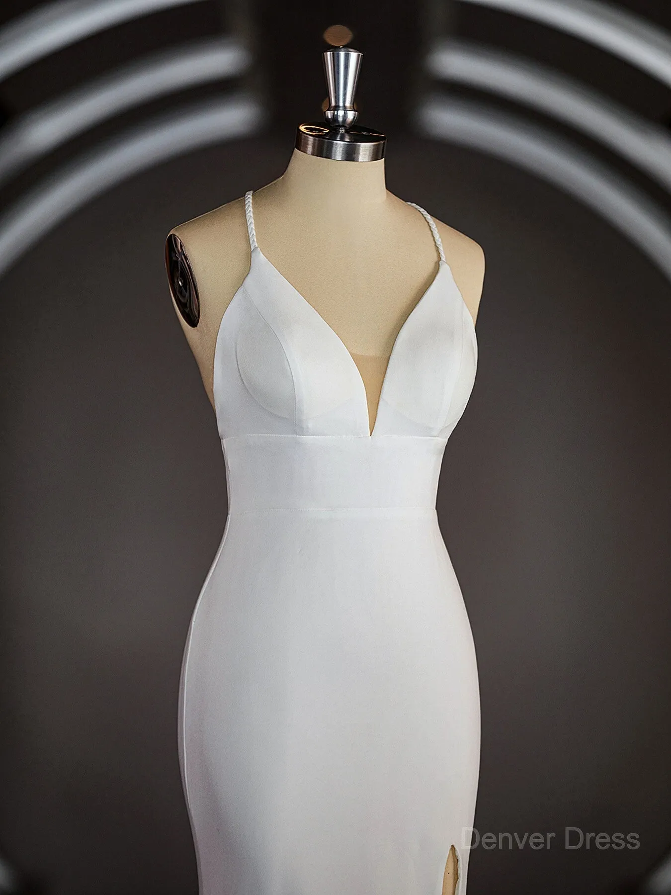 Sheath Halter Sweep Train Stretch Crepe Wedding Dresses with Leg Slit