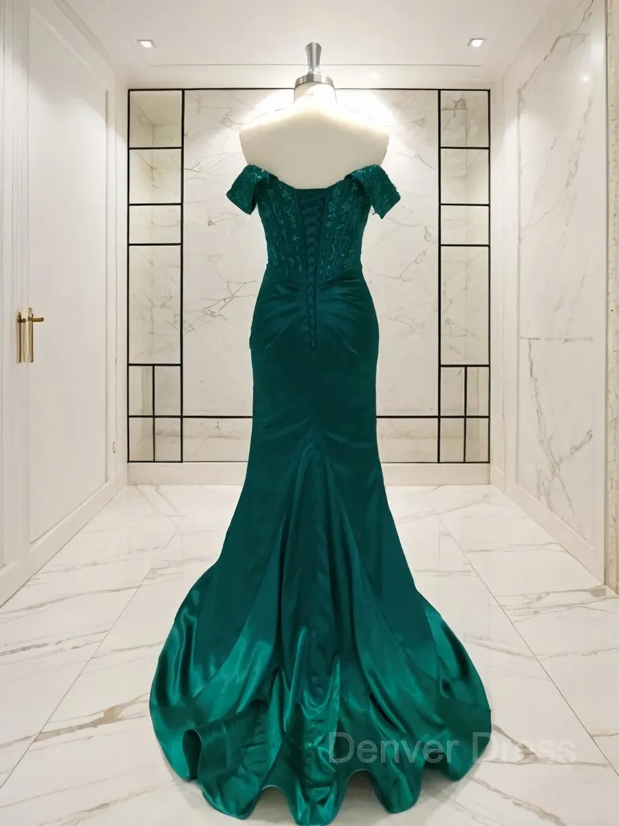Sheath Off-the-Shoulder Sweep Train Elastic Woven Satin Prom Dresses With Leg Slit