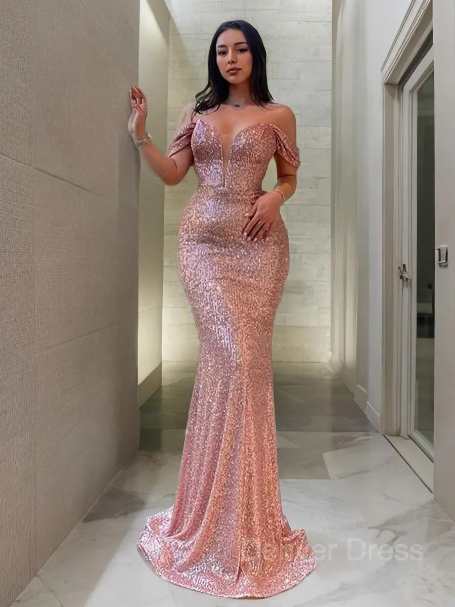 Sheath Off-the-Shoulder Sweep Train Sequins Evening Dresses