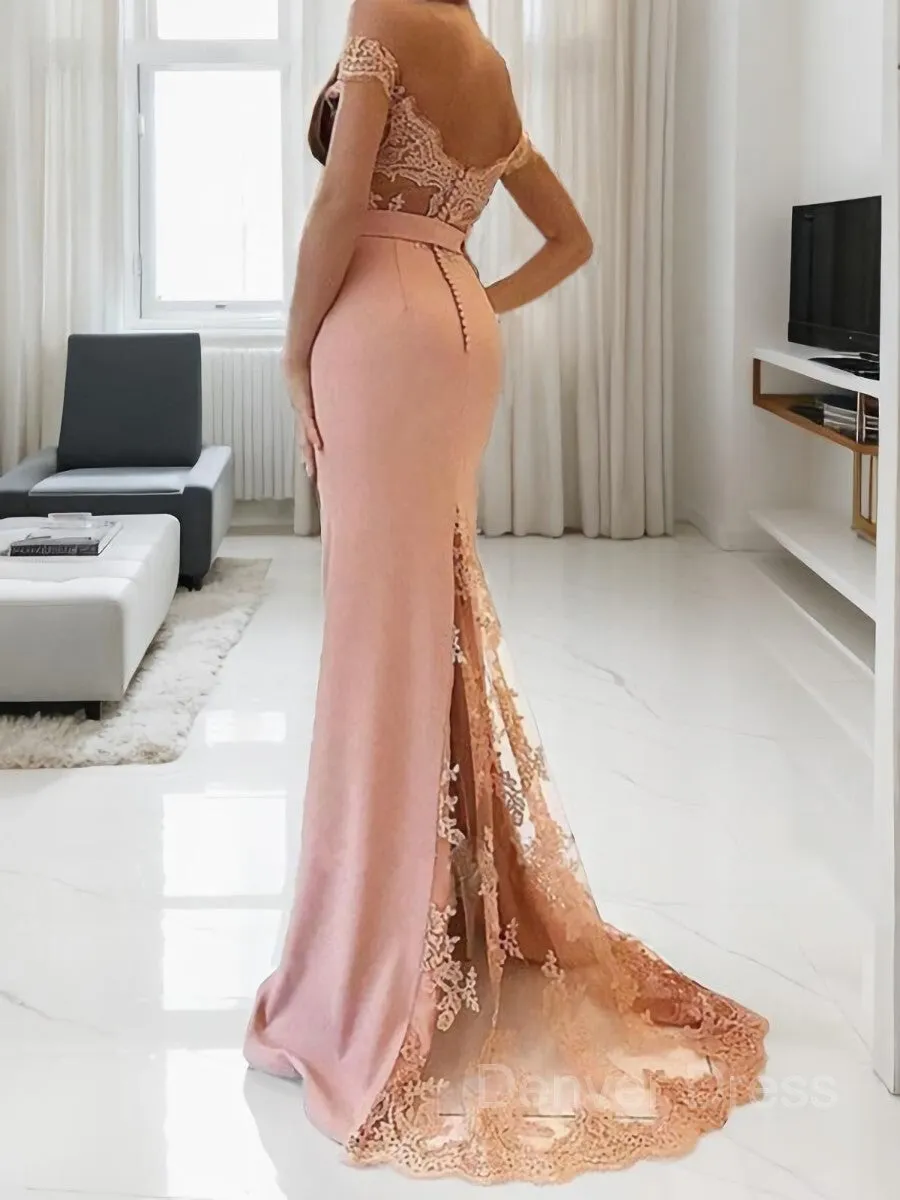Sheath Off-the-Shoulder Sweep Train Stretch Crepe Evening Dresses With Appliques Lace