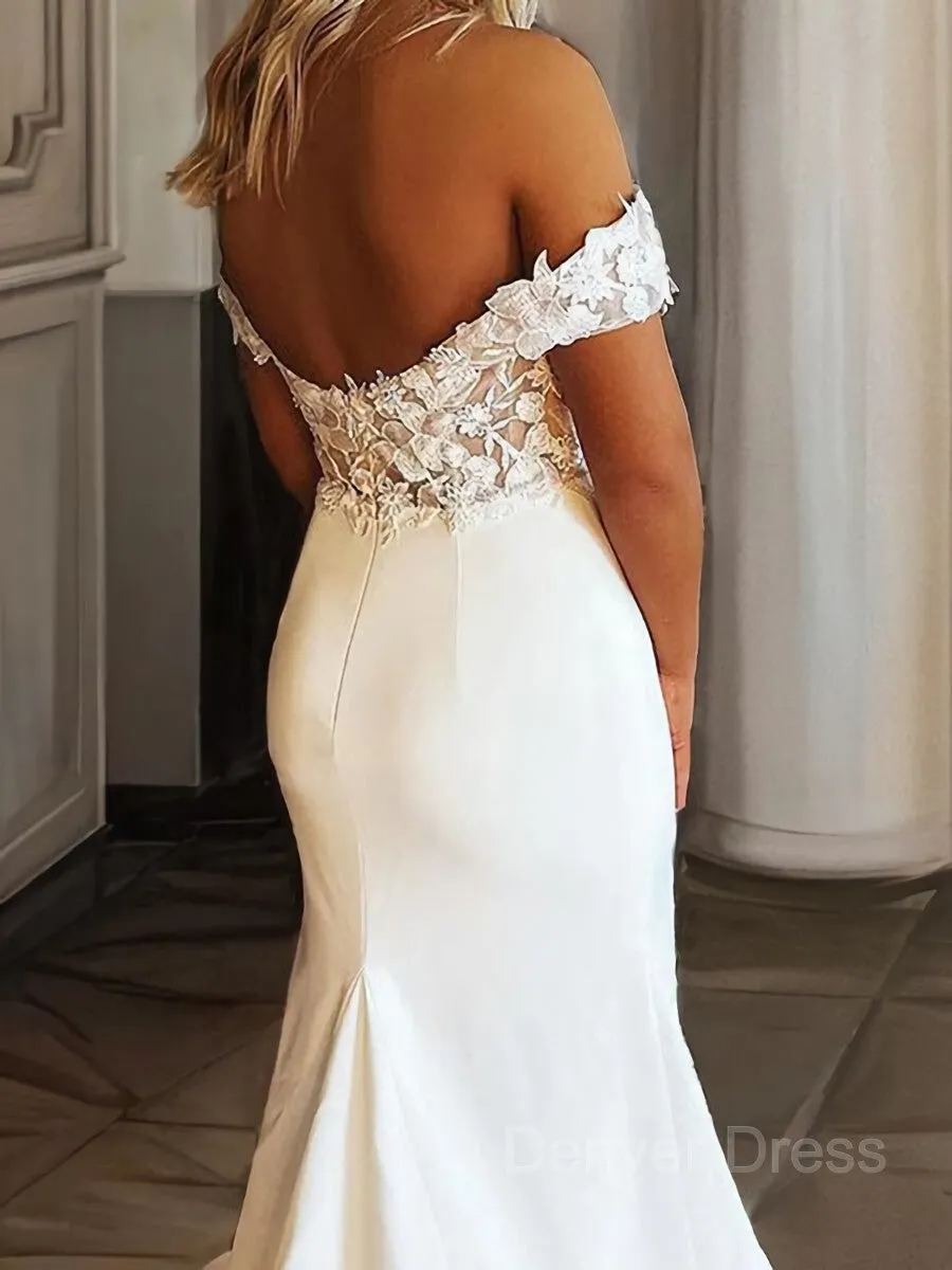 Sheath Off-the-Shoulder Sweep Train Stretch Crepe Wedding Dresses With Appliques Lace