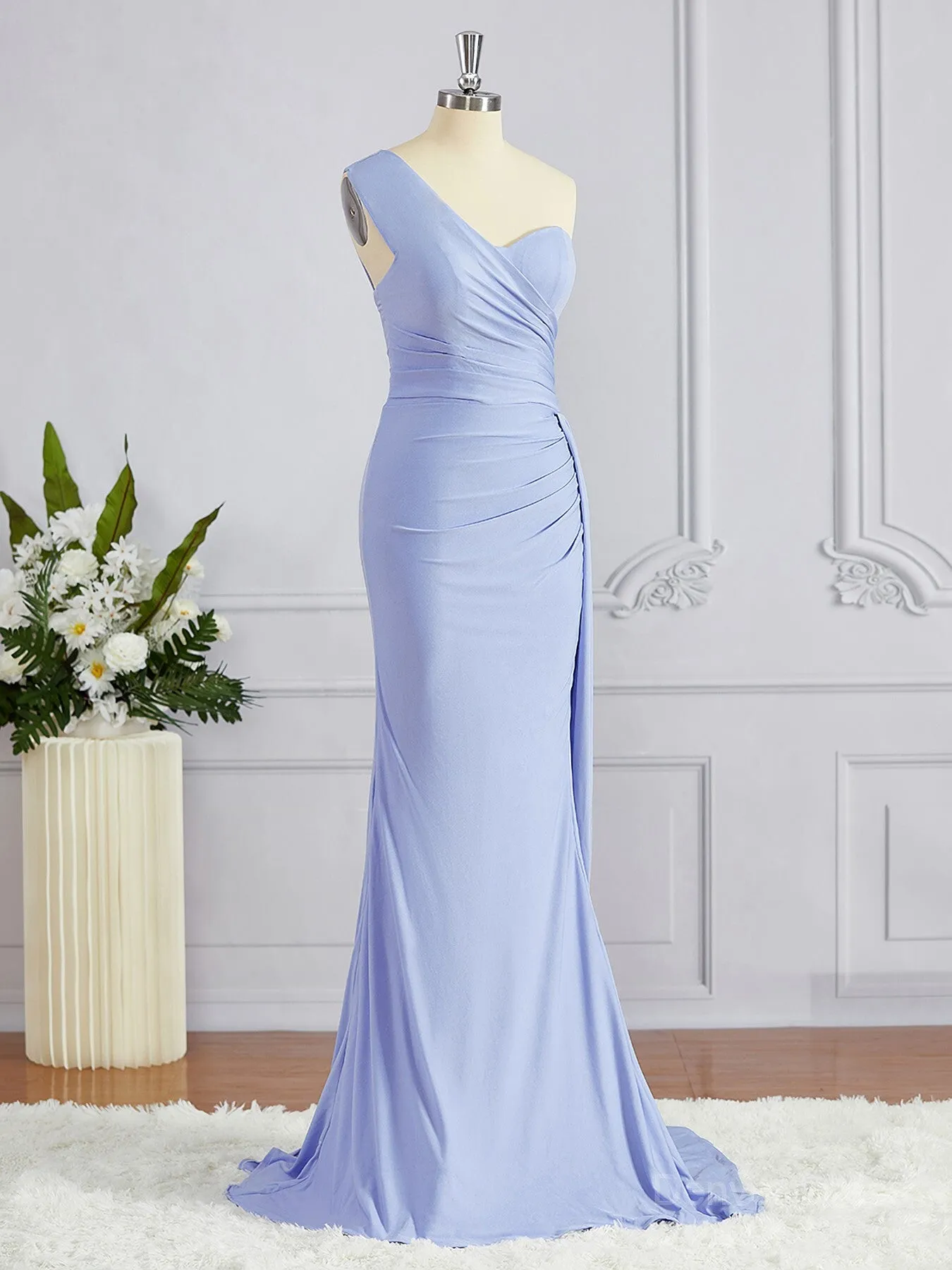 Sheath One-Shoulder Sweep Train Jersey Bridesmaid Dresses