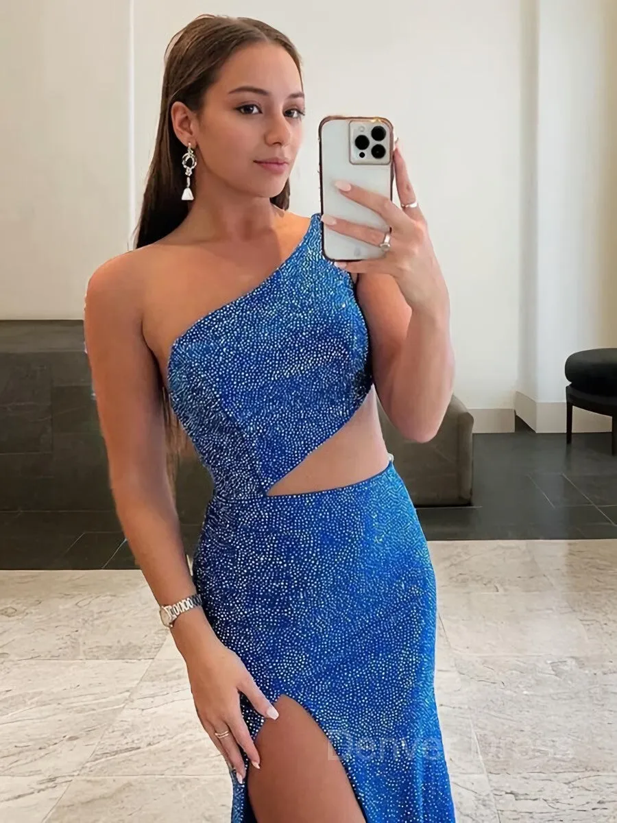 Sheath One-Shoulder Sweep Train Jersey Prom Dresses With Leg Slit