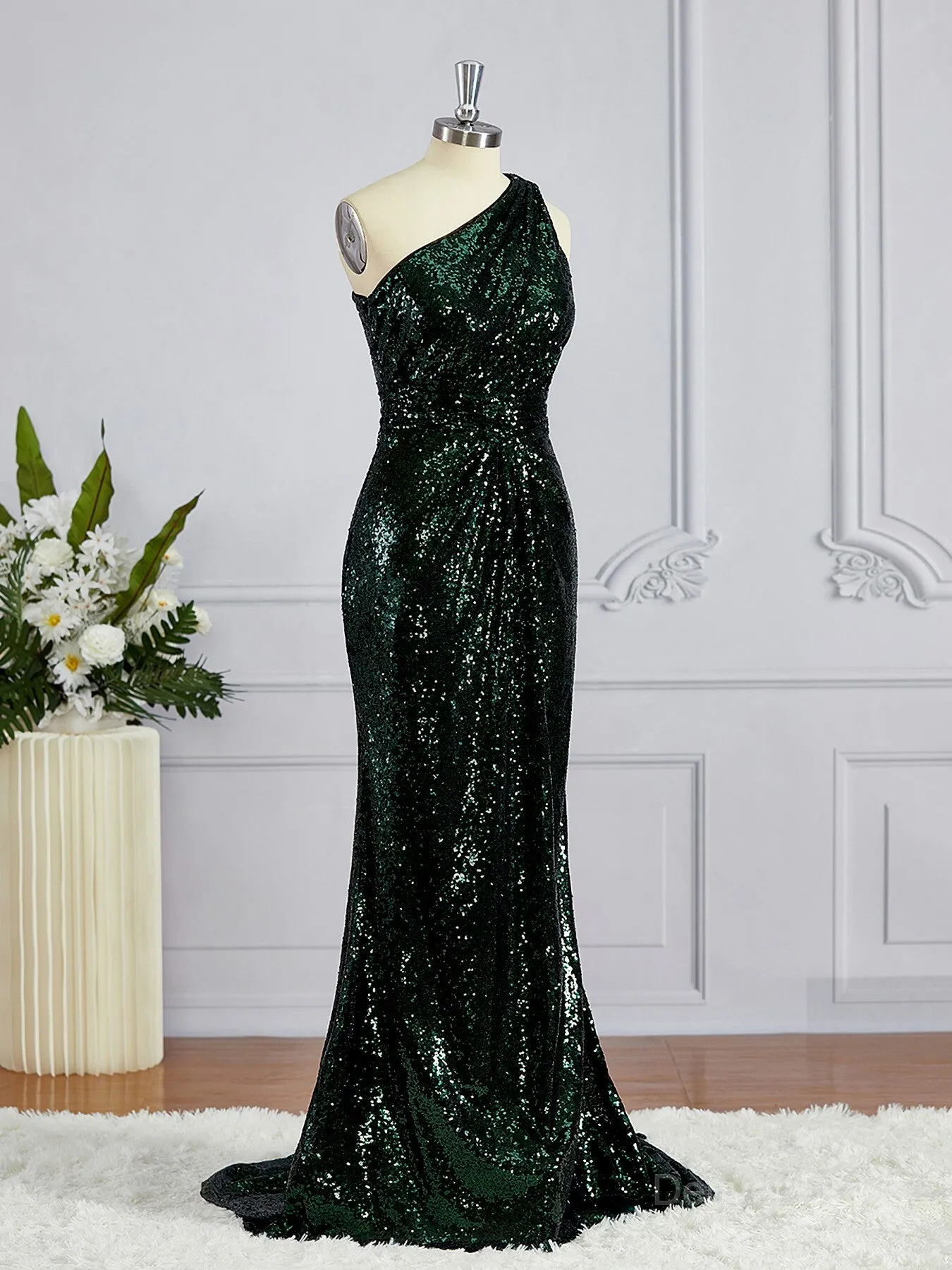 Sheath One-Shoulder Sweep Train Sequins Bridesmaid Dresses