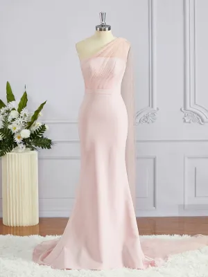 Sheath One-Shoulder Sweep Train Stretch Crepe Bridesmaid Dresses