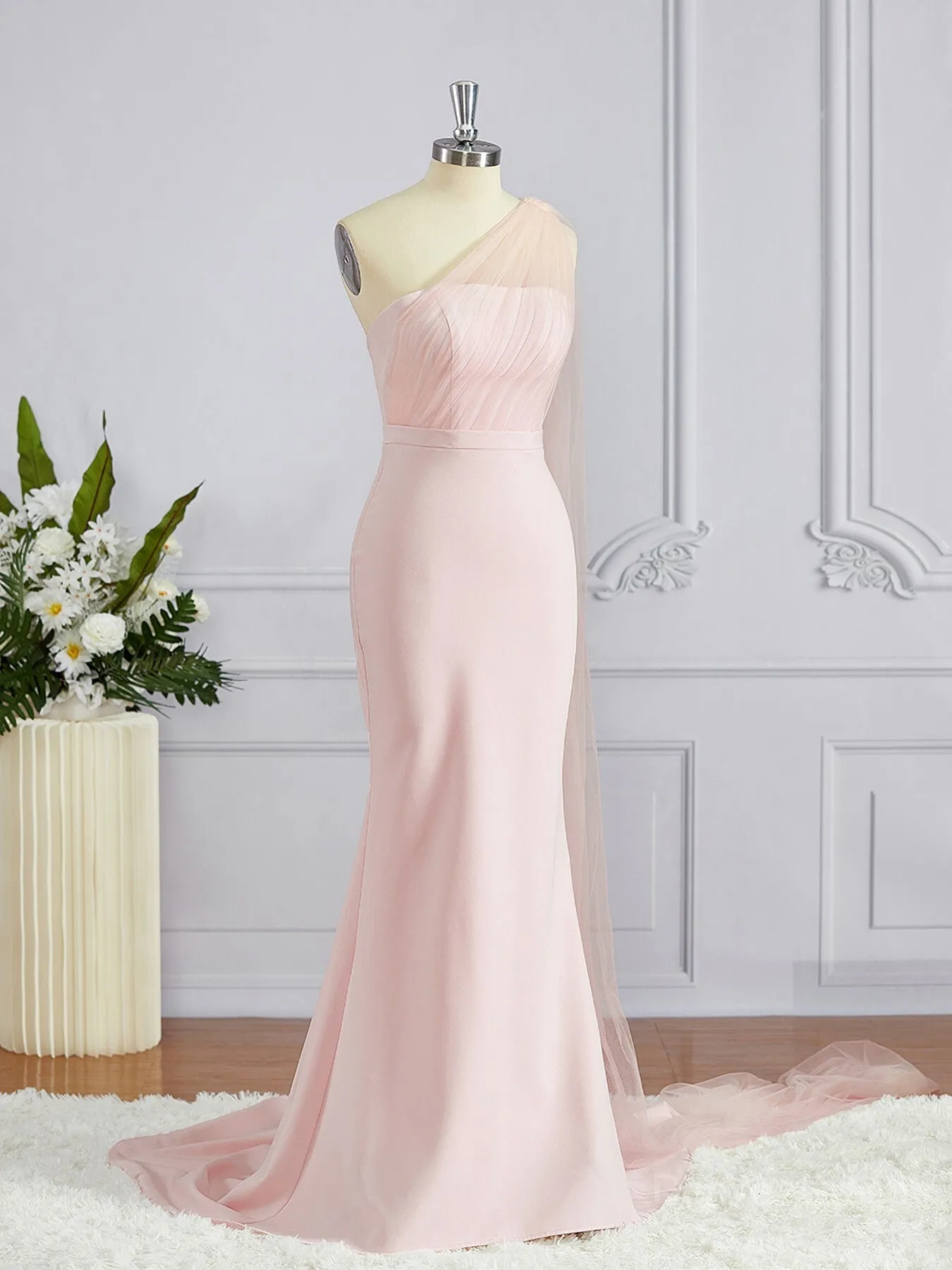 Sheath One-Shoulder Sweep Train Stretch Crepe Bridesmaid Dresses