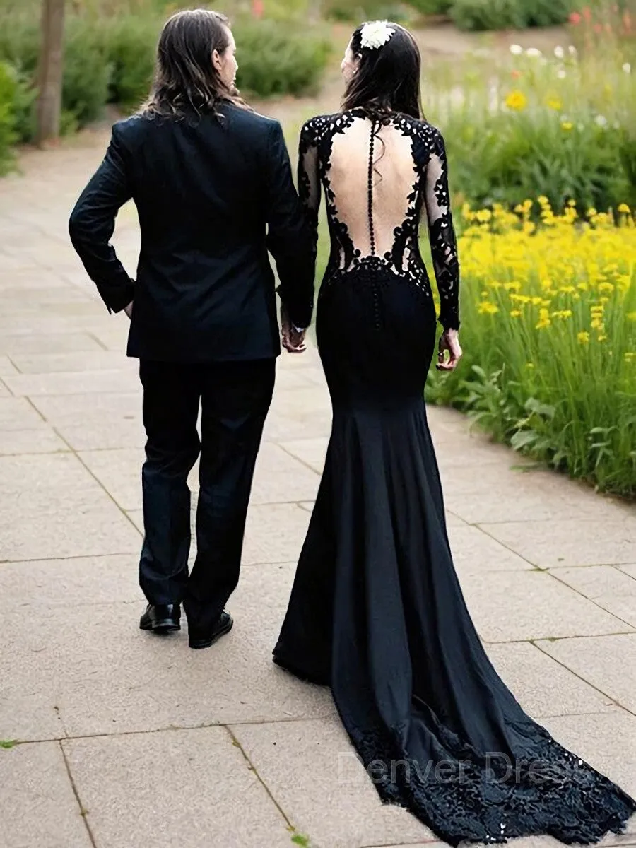 Sheath Scoop Sweep Train Stretch Crepe Prom Dresses With Appliques Lace