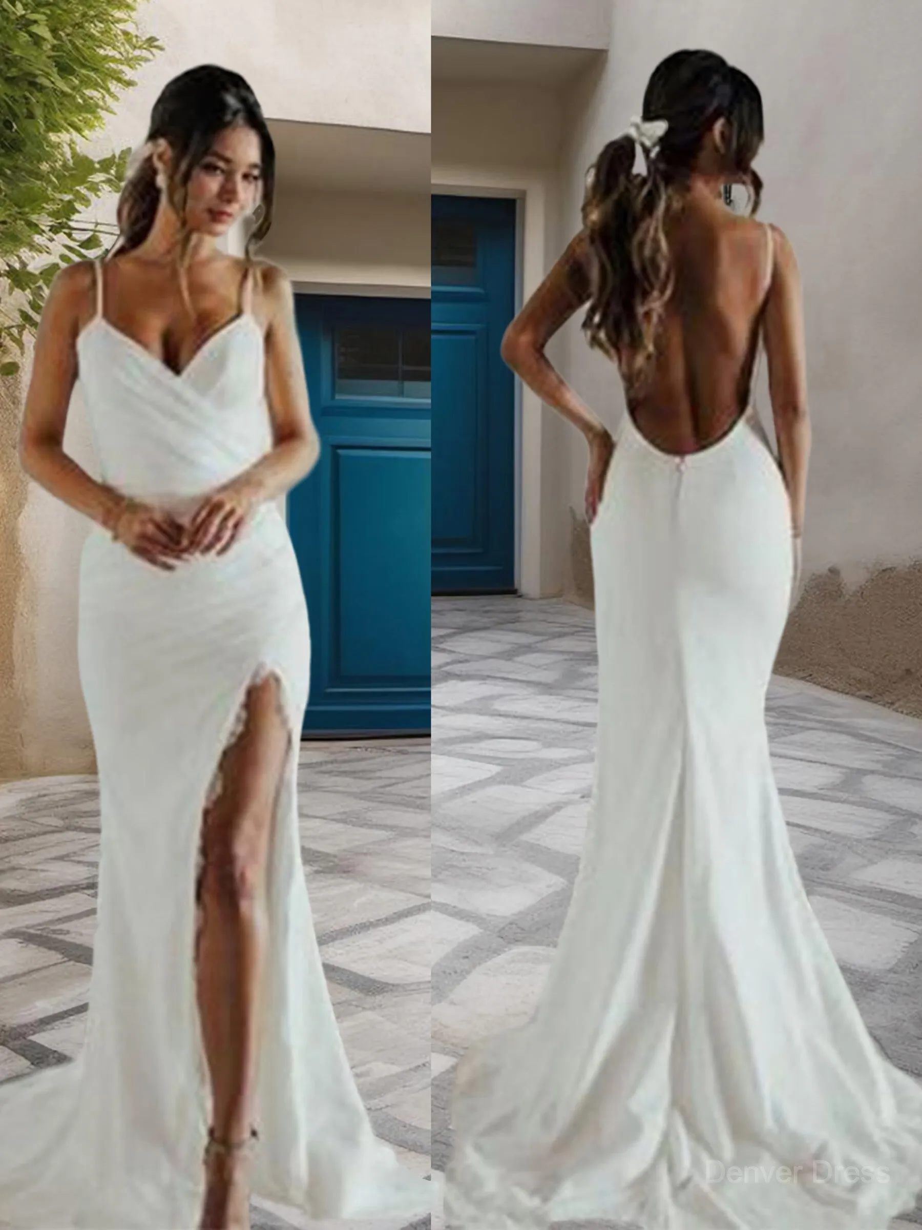 Sheath Spaghetti Straps Sweep Train Jersey Wedding Dresses