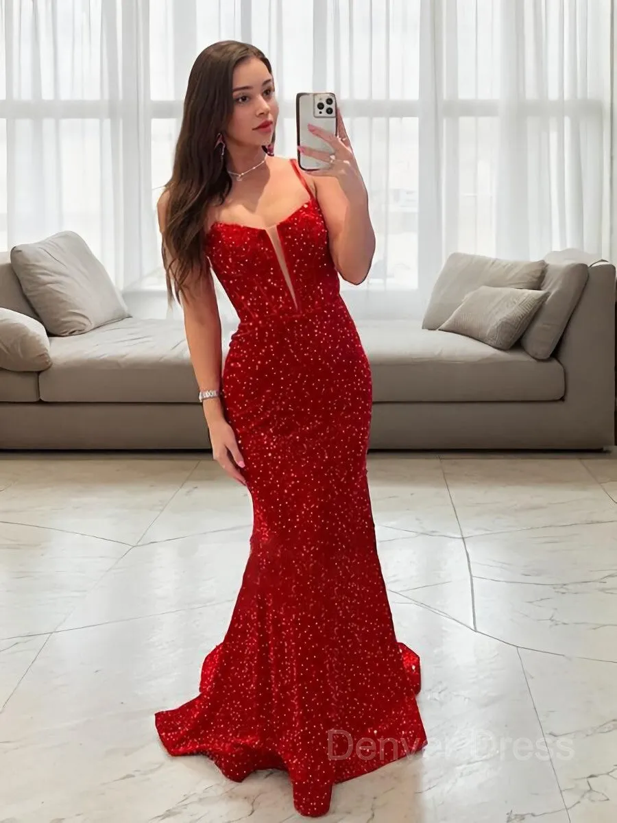 Sheath Spaghetti Straps Sweep Train Prom Dresses