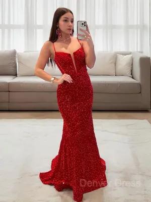 Sheath Spaghetti Straps Sweep Train Prom Dresses