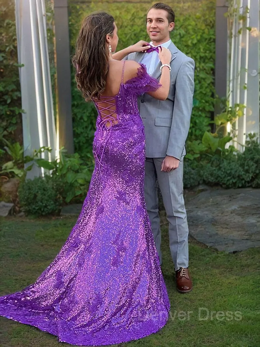 Sheath Spaghetti Straps Sweep Train Sequins Prom Dresses With Leg Slit