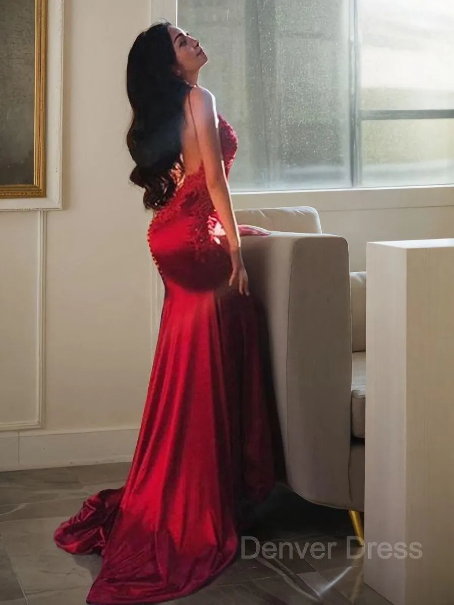 Sheath Spaghetti Straps Sweep Train Silk like Satin Evening Dresses With Appliques Lace