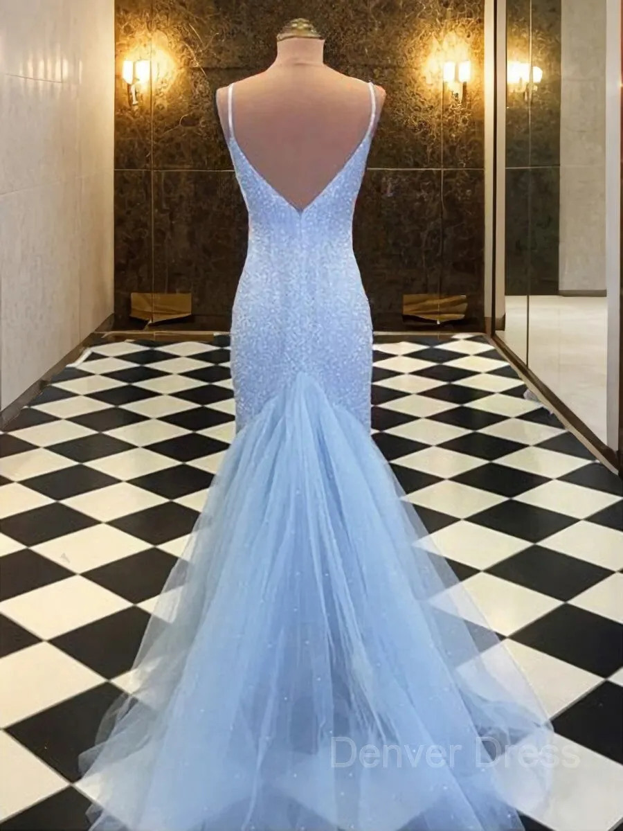 Sheath Spaghetti Straps Sweep Train Tulle Evening Dresses With Sequin
