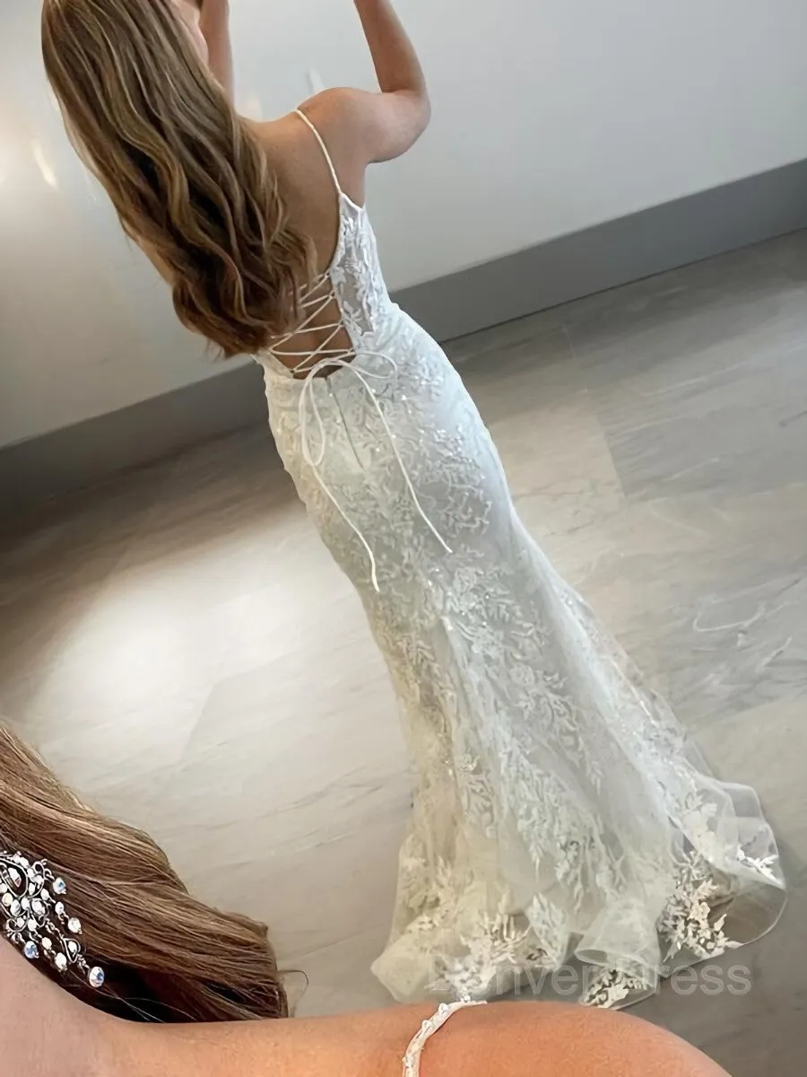 Sheath Spaghetti Straps Sweep Train Tulle Prom Dresses With Appliques Lace