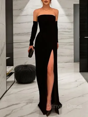 Sheath Strapless Floor-Length Stretch Crepe Prom Dresses With Leg Slit