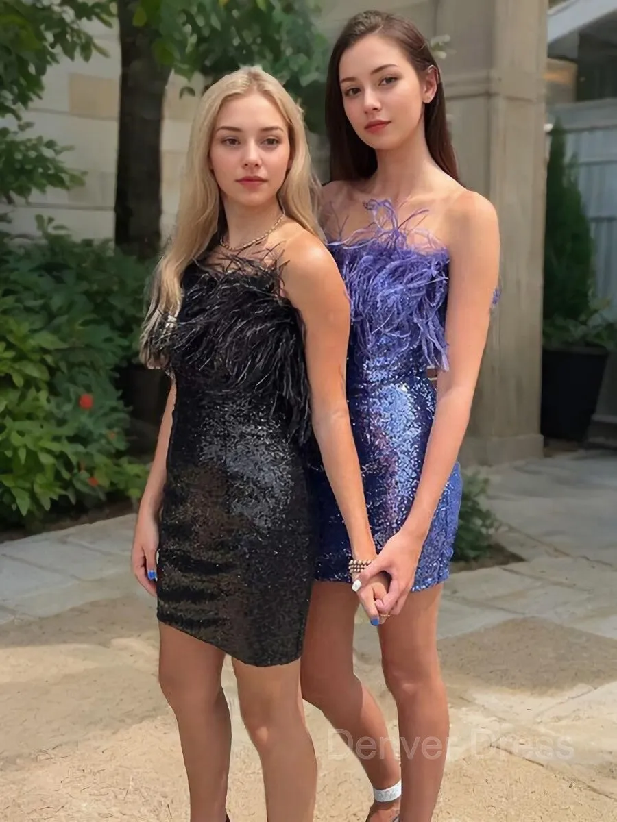 Sheath Strapless Short Sequins Homecoming Dresses With Feather